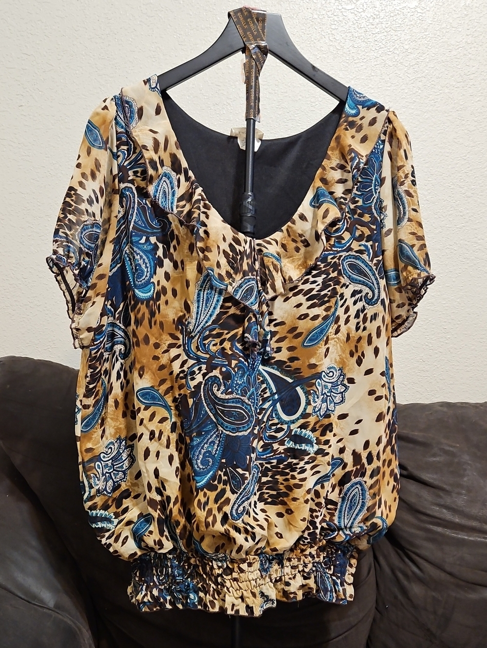 Lavish Blue and Tan Paisley-Leopard Smocked Hem Blouse